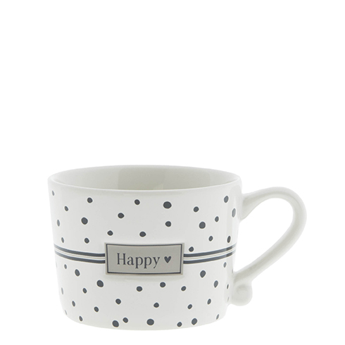 Cup White sm Dots in Black/ Happy 8.5x7x6c
























